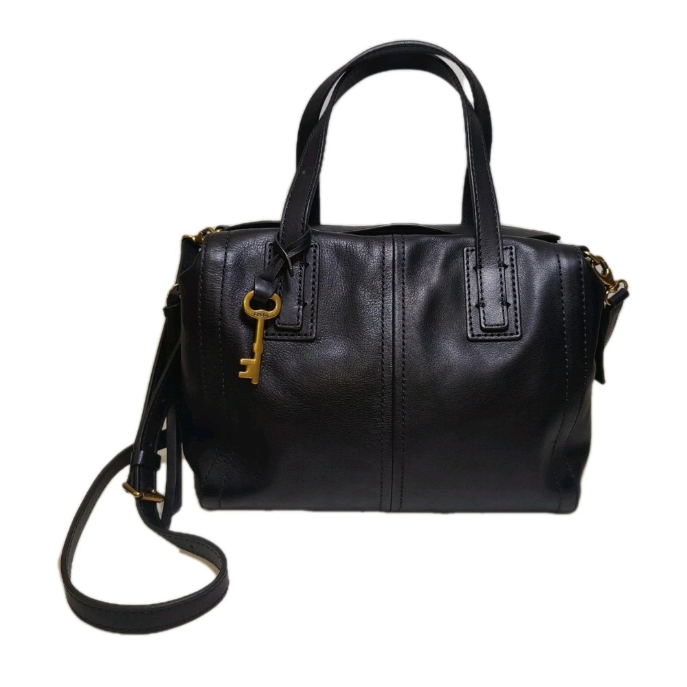 Fossil Emma Black Cowhide Leather Satchel Crossbody Bag Purse